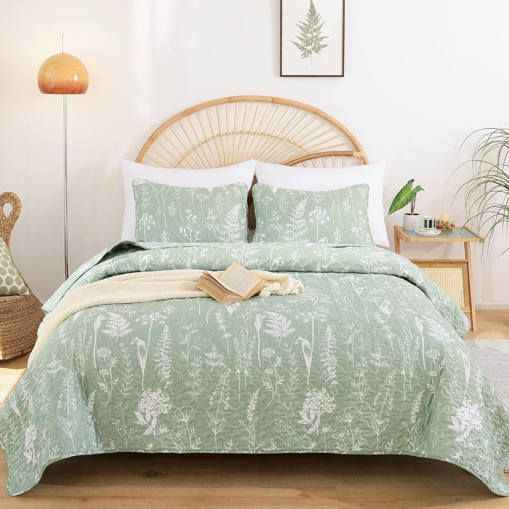 Quilts Queen Sage Green Quilt Botanical with Floral Pattern Microfiber Bedspreads Queen 3 Pieces Lightweight