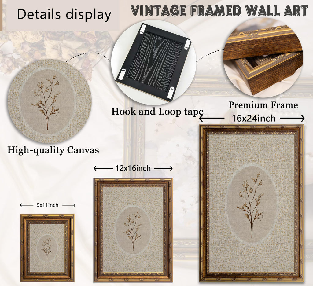Vintage Gold Framed Wall Art, Dried Botanical Herbarium Print with Floral Pattern Background, Neutral Rustic