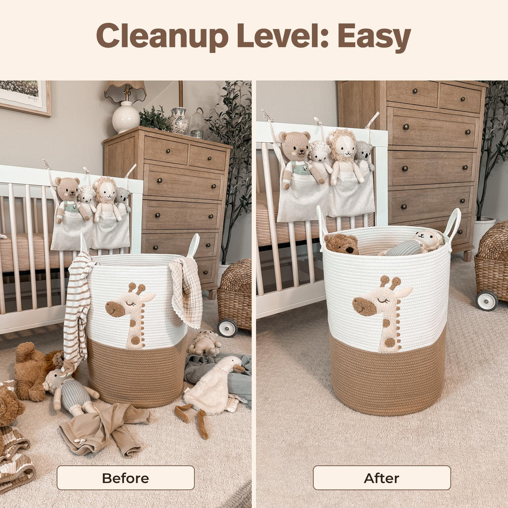 Giraffe Baby Laundry Basket, Tall Woven Rope Nursery Hamper, 20x15 in
