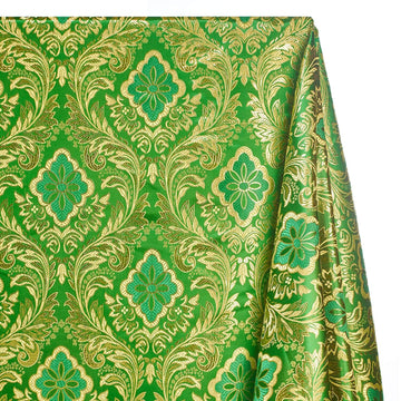 Brocade Fabric Silky Floral Patterned Yarn Dyed Woven Nylon Metallic Polyester By The Yard - Kelly Green/Gold (10