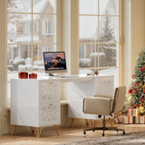 White and Gold Computer Desk, 59'' Modern Writing Table with File Drawers
