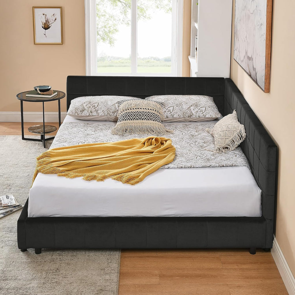 Queen Size Upholstered Corner Daybed, Modern L-Shaped Daybed with Tufted Backrest, Velvet Corner Bed Floor Bed Frame