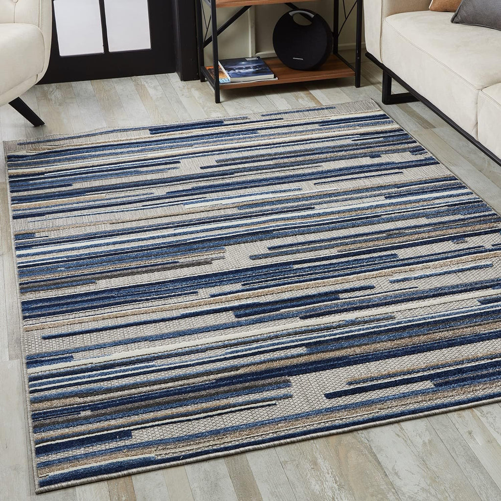 2' x 4' Blue Abstract Striped Indoor Outdoor Area Rug
