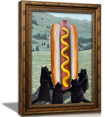 Vintage Gold Framed Funny Black Cat Wall Art, Surreal Humorous animal Hot Dog Canvas Print Poster, Whimsical Decor