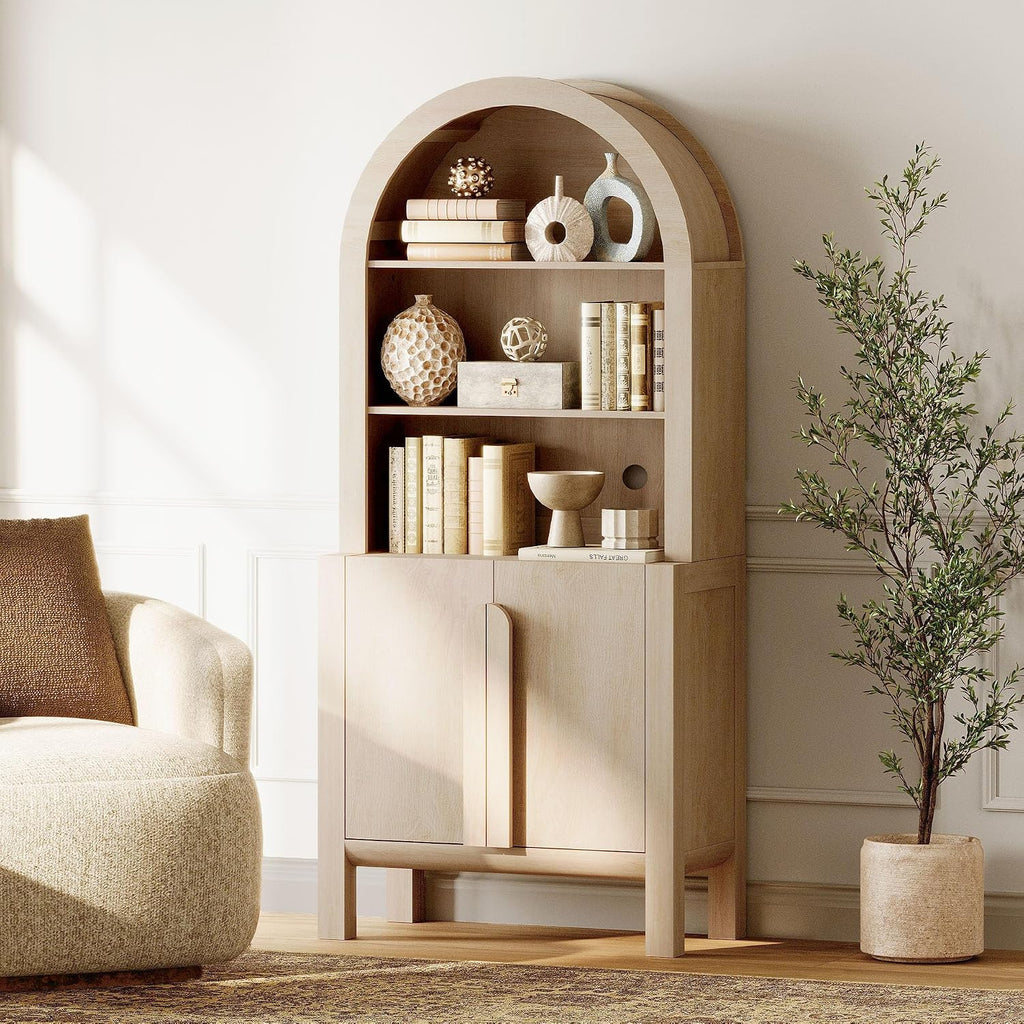 71" Tall Arched Kitchen Pantry Cabinet, 5 Tiers Modern Farmhouse Bookcase with Doors and Adjustable Shelves, Wood