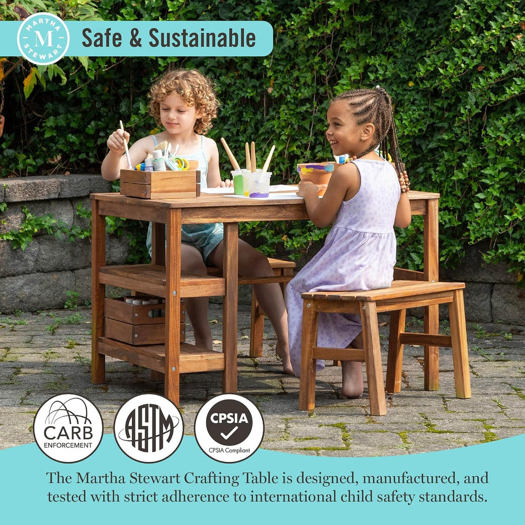 Kids Outdoor Craft Table and 2 Bench Set: Acacia Wood Activity Desk w/Crate, Caddy, and Storage Shelves | Kids Play &
