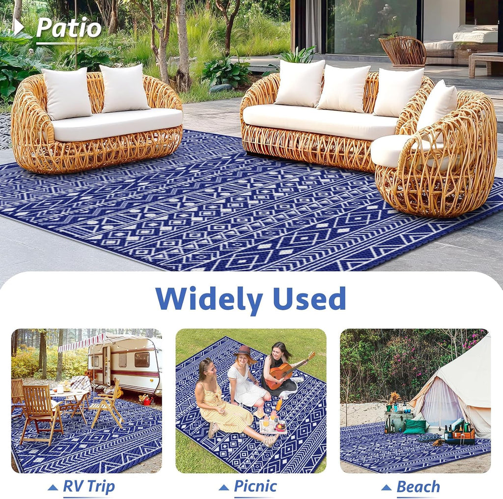 Outdoor Rug, Reversible Outdoor Plastic Straw Rugs, Blue