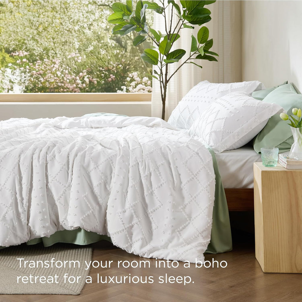 Boho Duvet Cover Queen - White Breathable & Soft Boho Bedding, Machine Washable Comforter Cover for All Seasons