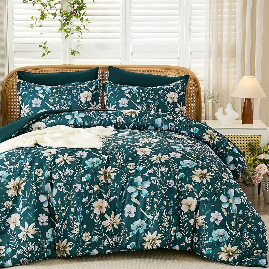 Luxudecor Queen Floral Comforter Set 7 Pieces,Teal Floral Comforter with Sheet Set,Flowers Leaves Pattern Bed in a