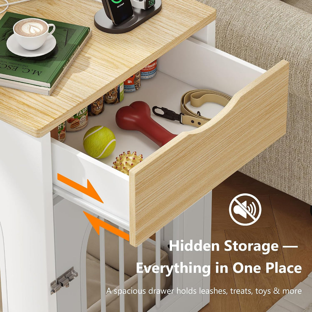 Dog Crate Furniture, Indoor Nightstand with Charging Station, Wooden End Table Dog Kennel with Drawer, Heavy-Duty Pet