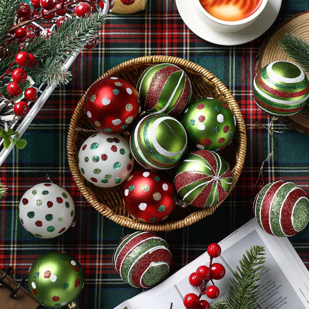 Christmas Tree Decoration Ball Ornament, Red White and Green - Set of 12