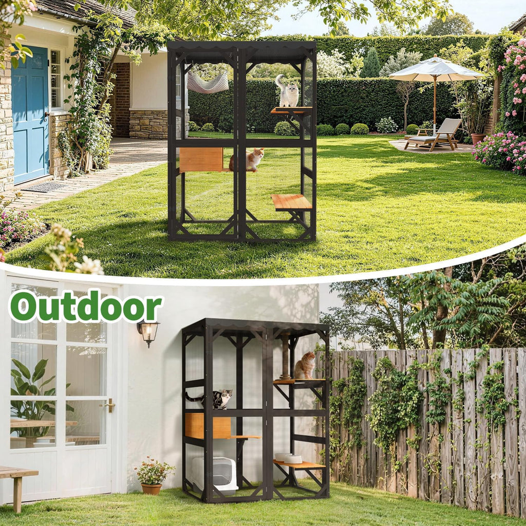 Large Catio Outdoor Cat Enclosure with Weatherproof Roof, 69.3" Walk-in Cat House for Multiple Cats, 3-Tier Wooden