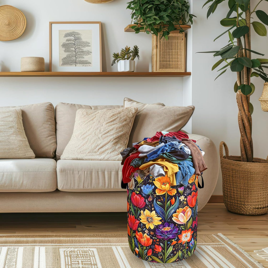 Bright Colorful Flowers Laundry Hamper Oxford Cloth Beautiful Floral Laundry Basket With Handle Portable Clothes
