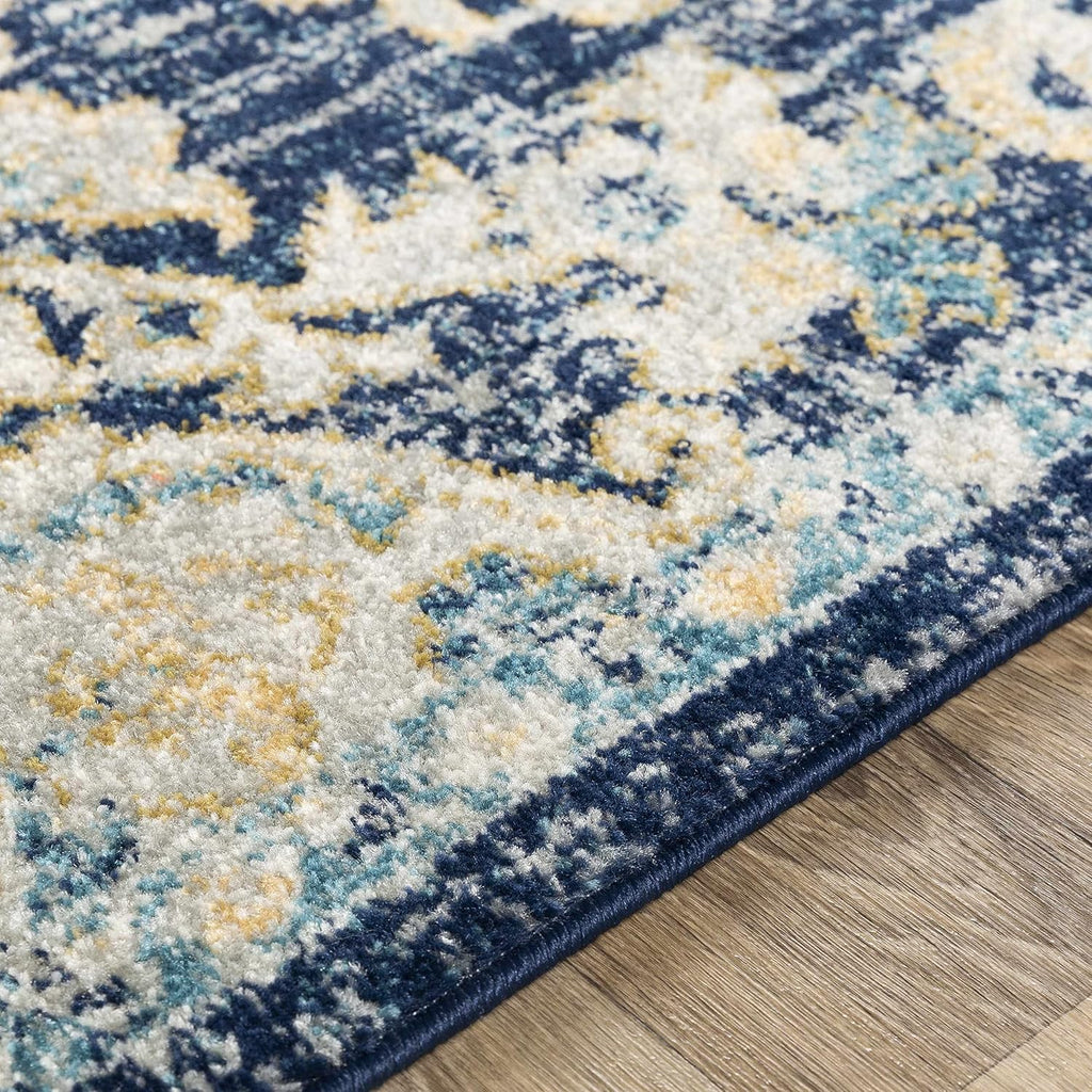 Lexington Living Room, Bedroom Area Rug - Medallion Floral Border Distressed Abstract - Traditional Oriental