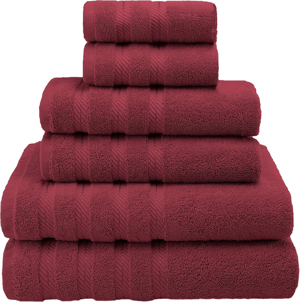 Soft Linen 100% Carde Cotton 6 Piece Towel Set, 590 GSM Heavy Weight Soft Absorbent Turkish Towels , Burgundy Red