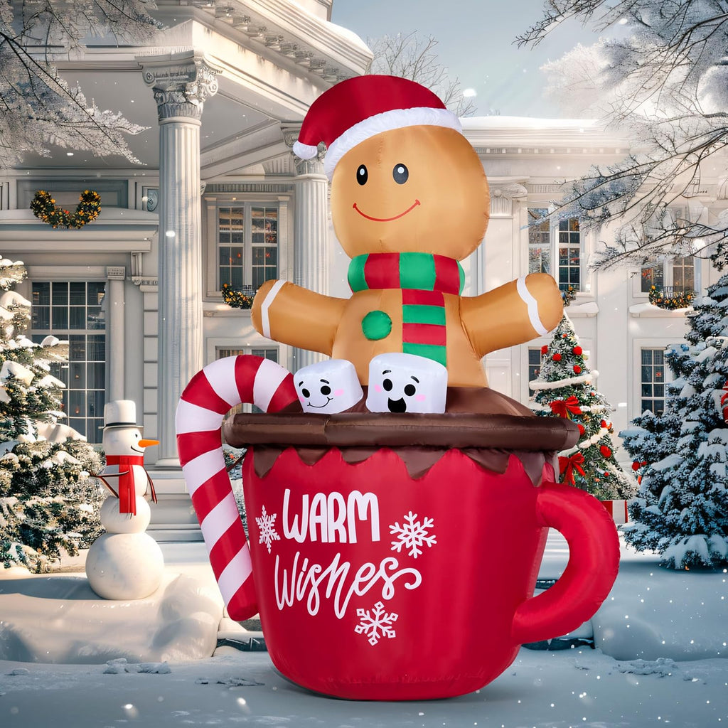 6 FT Christmas Inflatables Gingerbread Outdoor Decorations, Gingerbread Man in Hot Cocoa Mug with LEDs, Cute