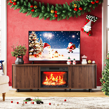 70" Fluted Fireplace TV Stand, Mid Century Modern Entertainment Center with 23" Electric Fireplace, TV Console with