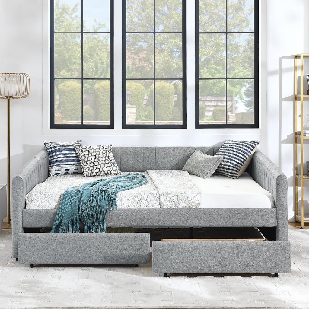 Daybed with Storage Drawers, Modern Upholstered Linen Queen Size Day Bed Frame with Stripes, Tufted Corner Sofa Bed