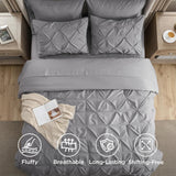 King Comforter Set - Bedding Sets King 7 Pieces, Pintuck Bed in a Bag Grey Bed Set with Comforter, Sheets