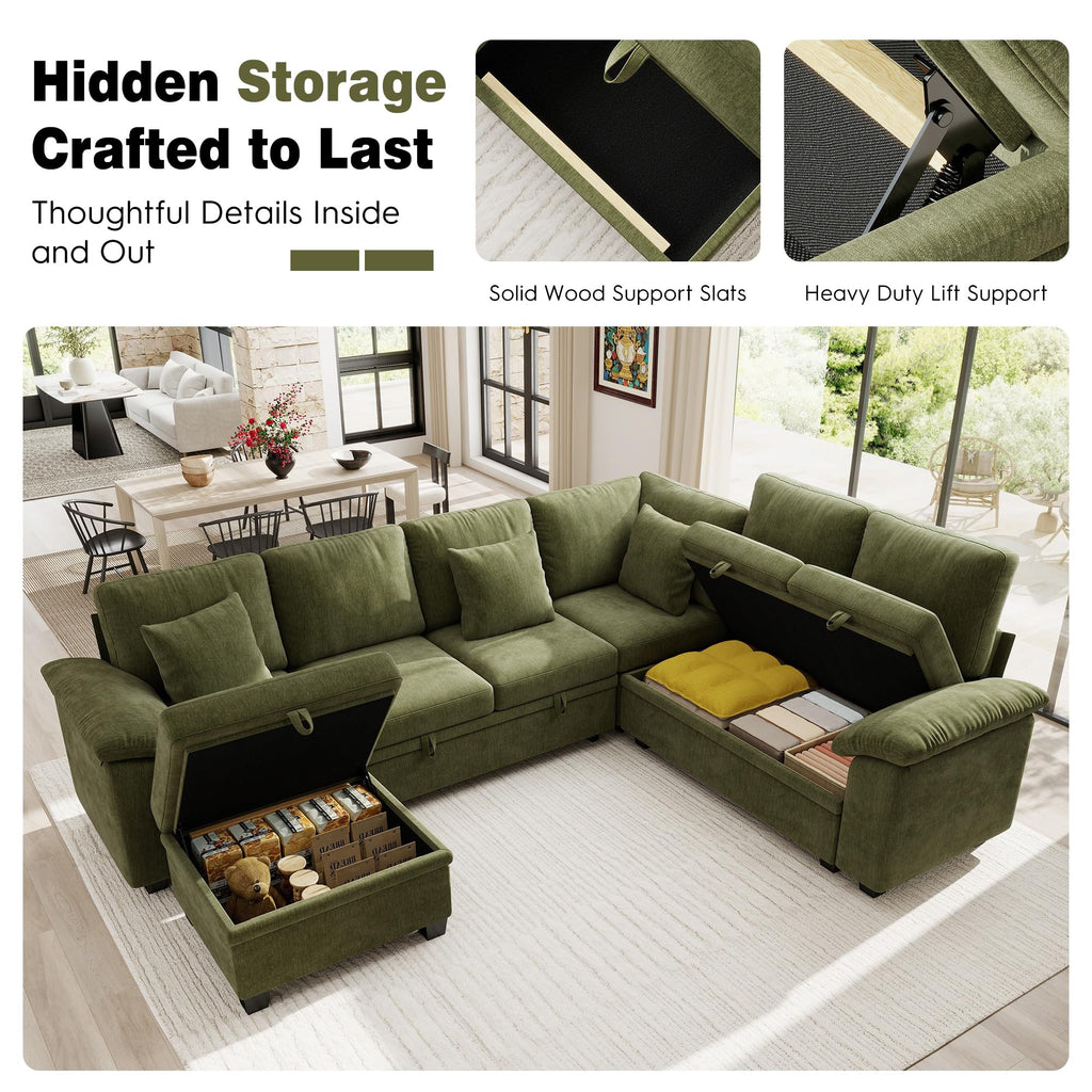 108" Modular Sectional Sofa with Pull Out Bed, 7-Seater L Shaped Sectional Sleeper Couch with Storage, Chenille