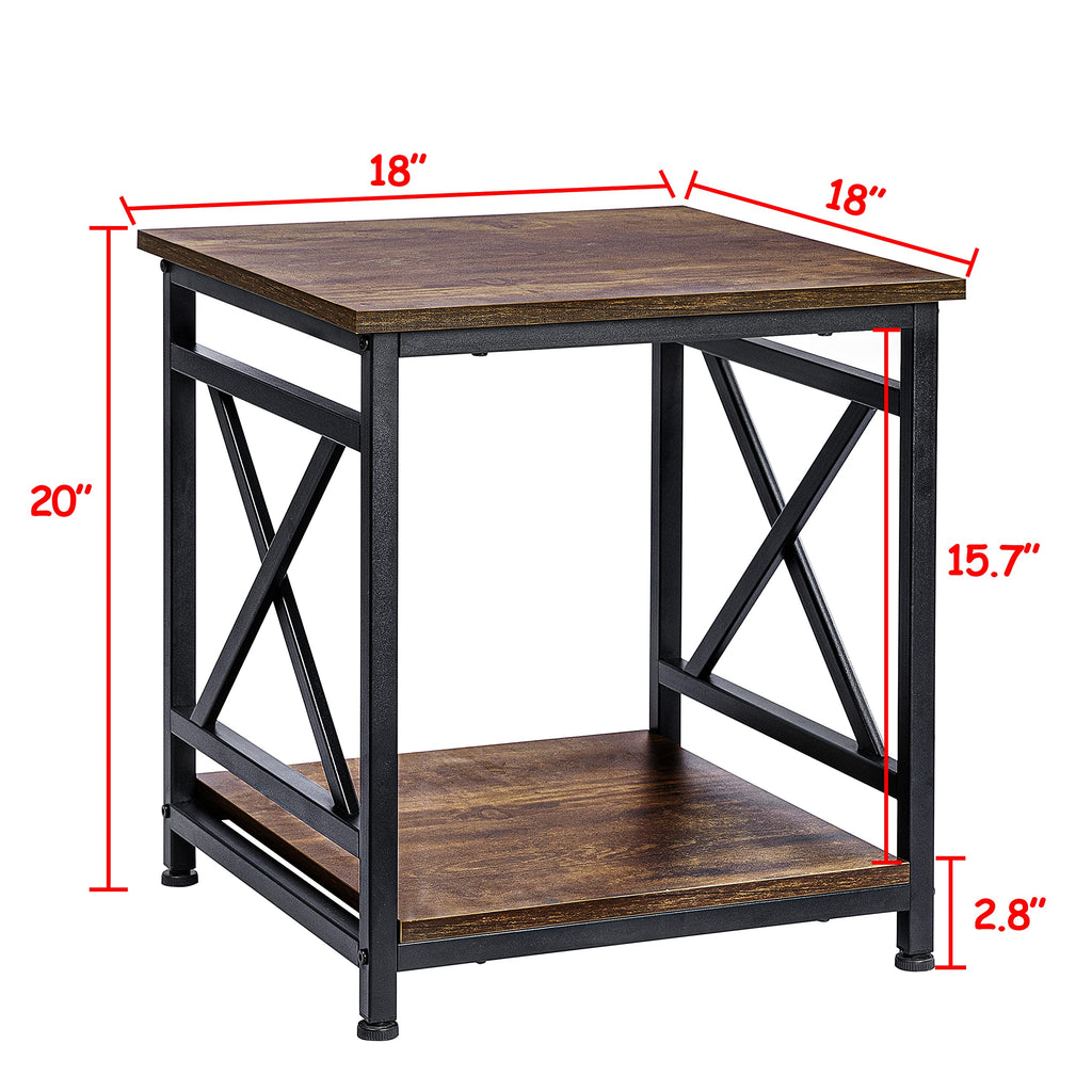 Industrial End Table, 18" Square Side Table with 2-Tier Storage Shelf, X-Design Metal Frame, Rustic Brown Nightstand
