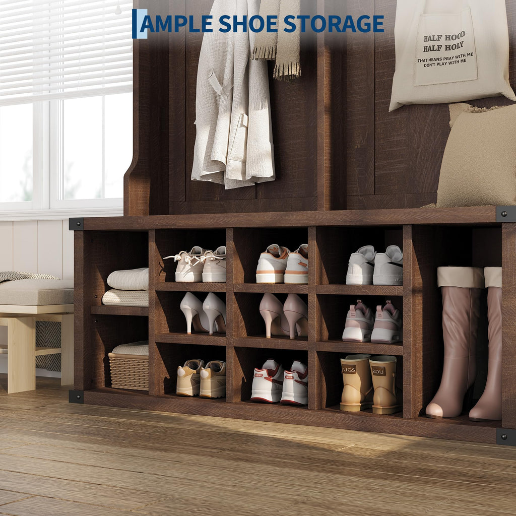 51.2" Hall Tree with Bench and Shoe Storage, Rustic Brown