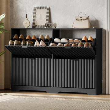 Shoe Storage Cabinet with 4 Flip Drawers, Hidden Slim Wood Shoe Organizer with Modern Fluted Panel, Freestanding
