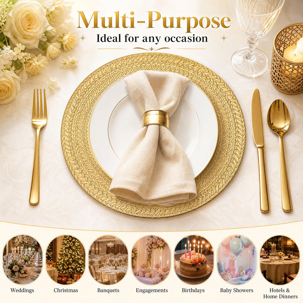 12 Pack Plastic Gold Charger Dinner Plates 13 Inch Antique Leaf Trim
