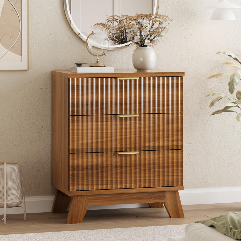 Fluted Dresser with 3 Drawers, 24" Wide Modern Chest of Drawers with Metal Handle, Wooden Dresser TV Stand, Wood