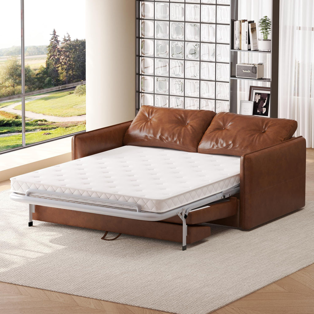 63" Apartment Size Convertible Leather Sleeper Sofa Bed, Brown
