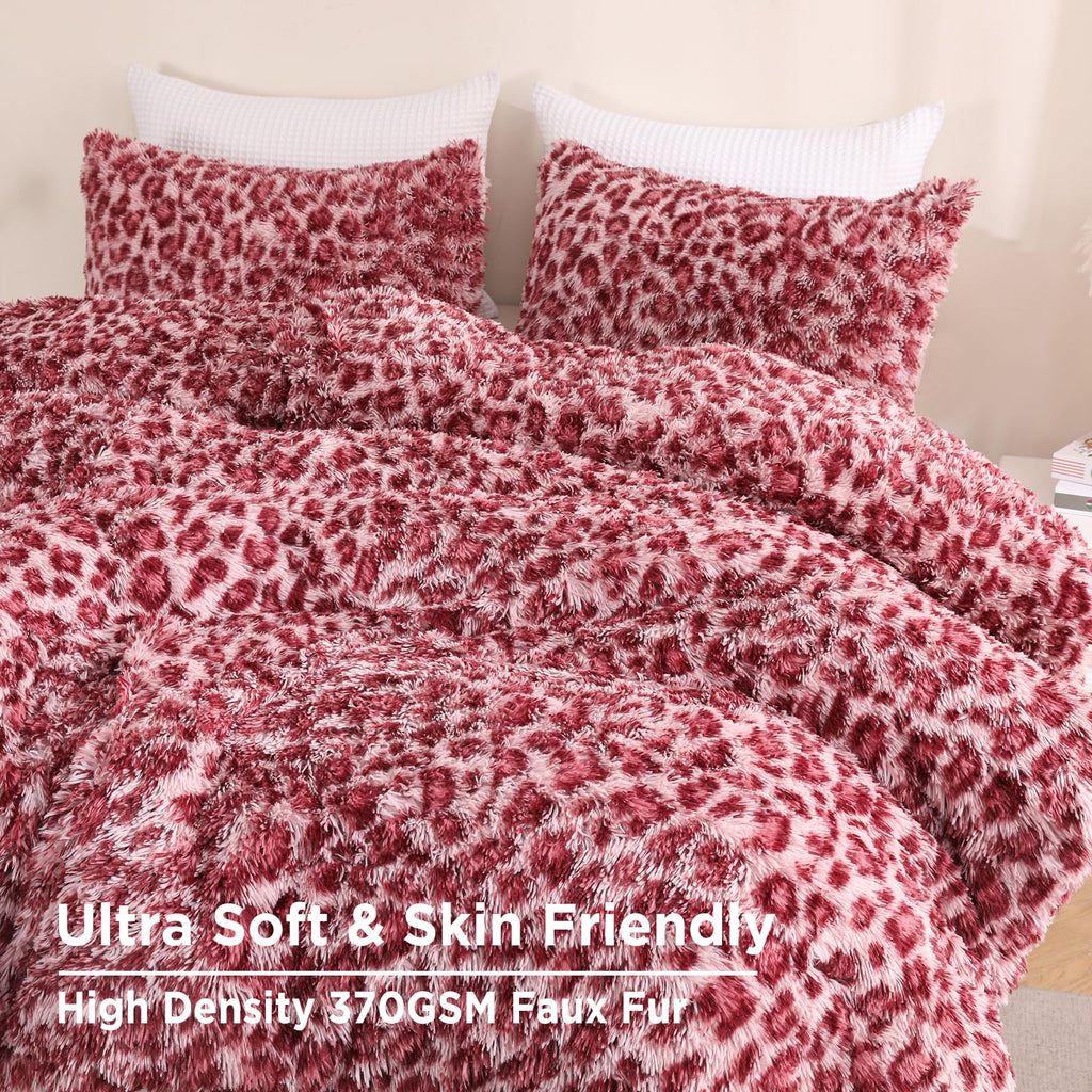 Cheetah Print Fluffy Faux Fur Comforter Set, 3 Pieces, Pink