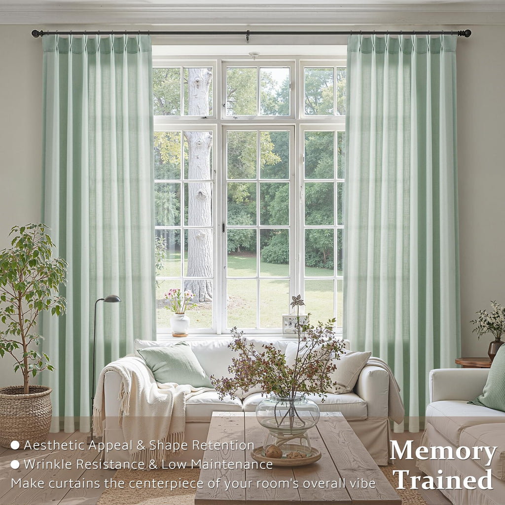 Pinch Pleat Linen Curtains 90 Inches Long Bedroom Semi Sheer Light Filtering Back Tab Aqua Green Rustic Farmhouse
