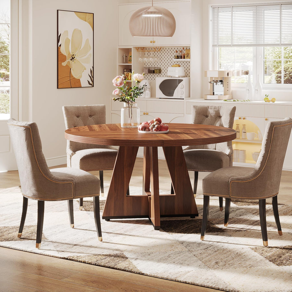 47 inch Round Dining Table Wood Kitchen Table, 47" Dinner Room Tables for 4-6, Farmhouse Accent Furniture with