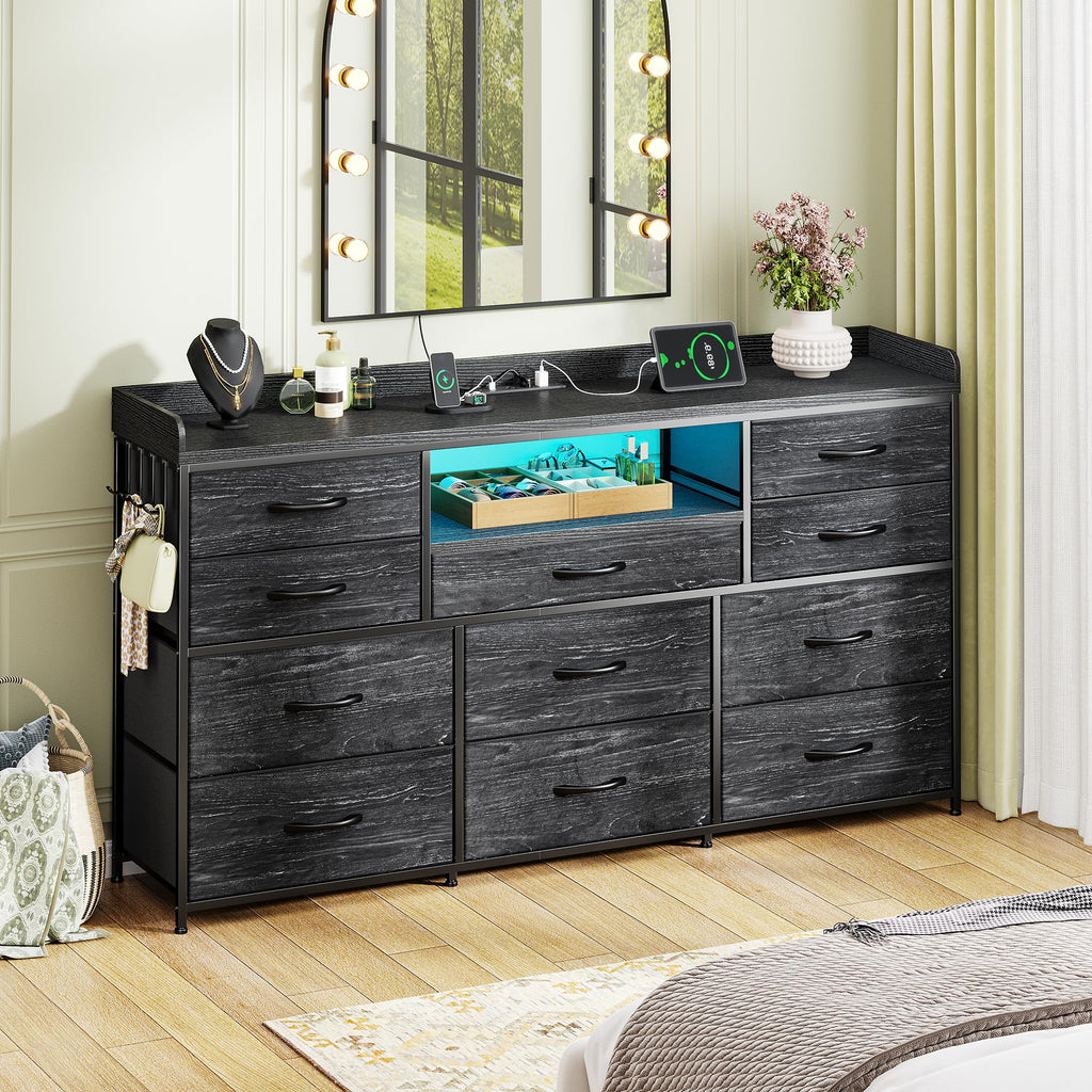 LED Dresser with 11 Drawers & Power Outlets, Black