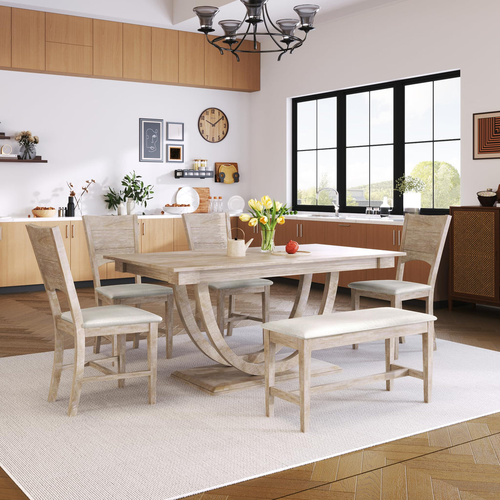 6-Piece Dining Table Set for 6, Farmhouse Kitchen Dining Room Table Set with Recantgle Table and Upholstered Bench