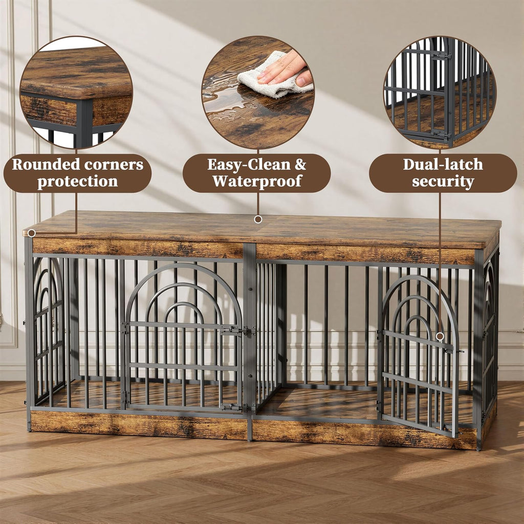 63" Wooden Double Dog Crate Furniture for 1-2 Dogs