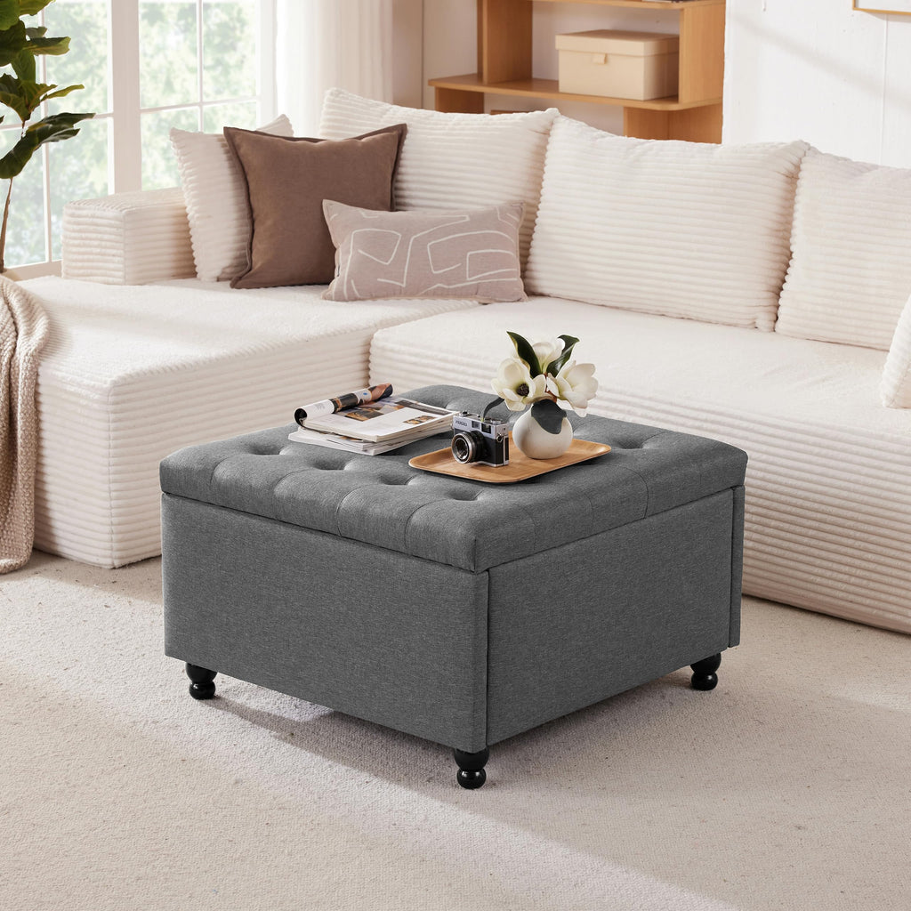 28" Large Square Ottoman with Storage, Fabric Ottoman Coffee Table, Grey