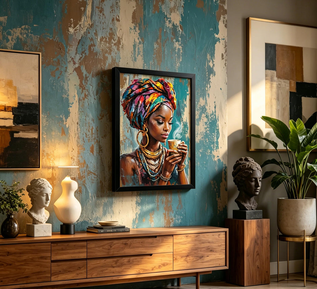 Framed Black Woman Canvas Wall Art, African American Wall Decor, Fashion Modern Abstract Painting Picture, Coffee