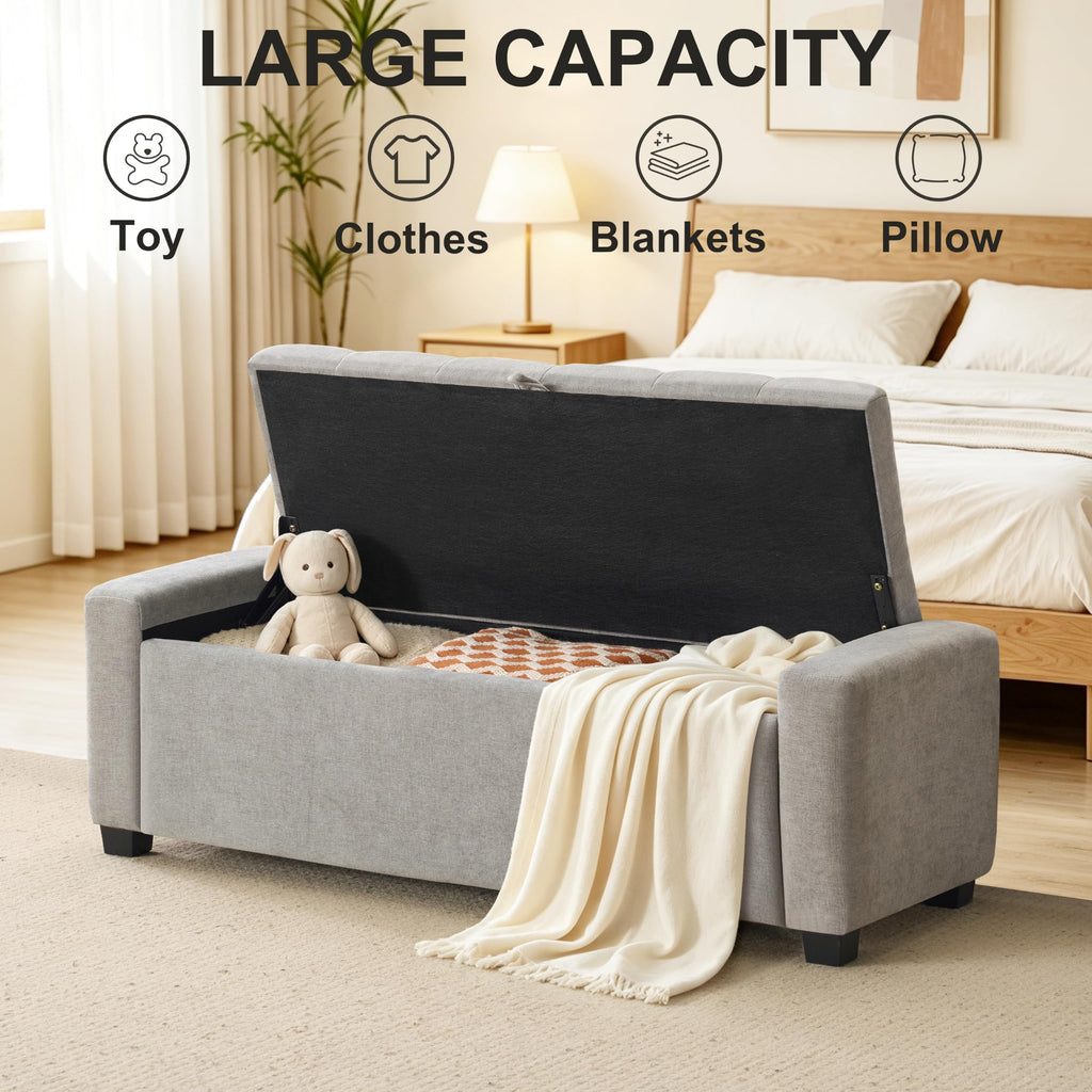 48" Ottoman with Storage, Tufted Linen Storage Ottoman Bench, Gray