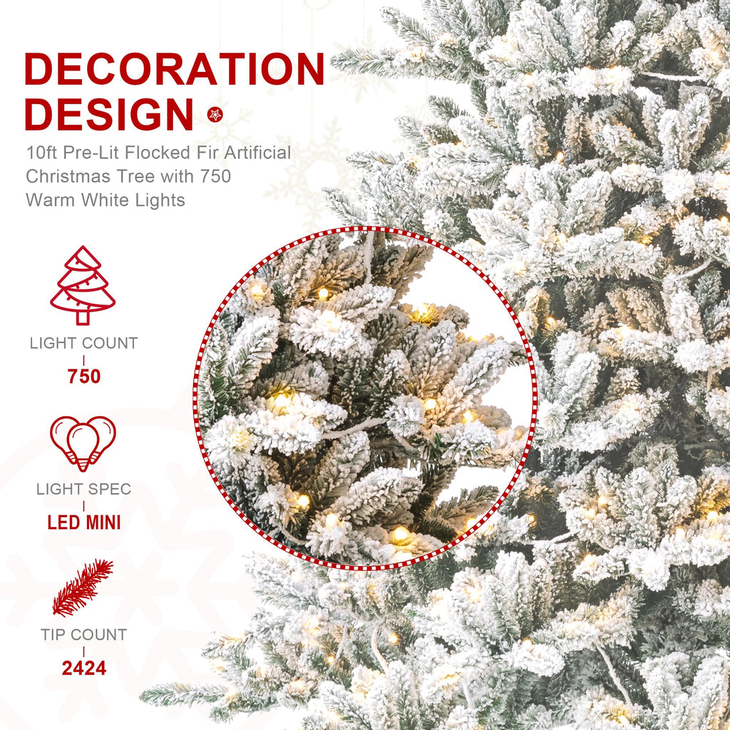 10ft Flocked Christmas Tree PreLit Full Artificial Christmas Tree with 750 Warm White Lights Large Snowfall Splendor