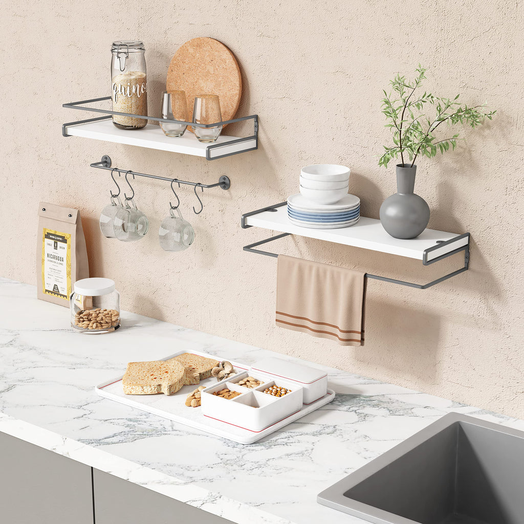 White Floating Shelves Organizer Over Toilet, Bathroom Shelves Wall Mounted with Towel Rack, Corner Wall Shelf Decor