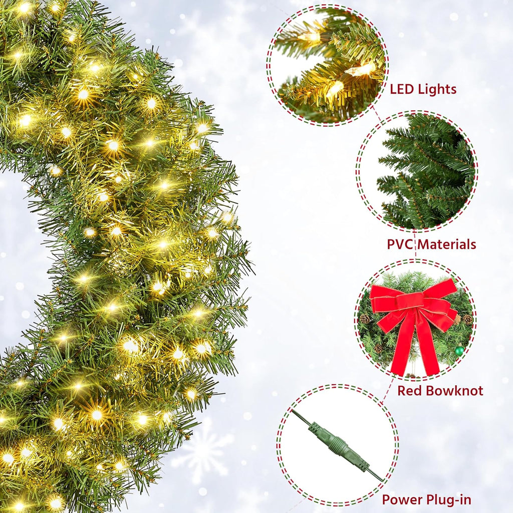 30in Large Artificial Christmas Wreath, Pre-lit Holiday Accent Decoration with Red Bow, 110 LED Lights & 300 PVC