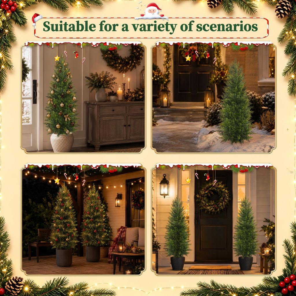 2 Pack 4FT Artificial Topiary Cedar Trees with Spike for Outdoor
