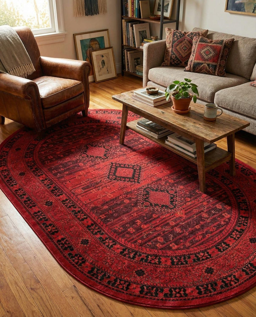Bokhara Rug - 5' Oval Red Easy-Clean Rug - Traditional Medallion Design s, Bedrooms, and Dining Areas