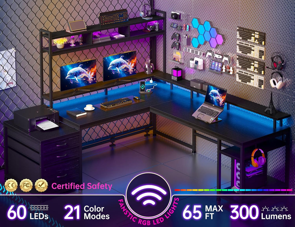 64x59 Inch Two Person L Shaped Gaming Desk with Shelf & LED Lights | 4-Layout with 4 AC+2 USB Charging Ports, Remote