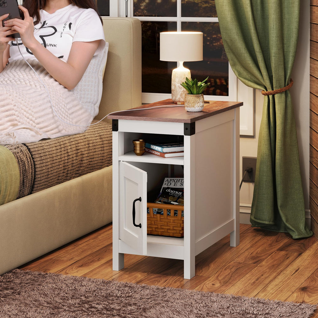 End Table with Charging Station, Narrow Side Table, Farmhouse Night Stand with Storage, Small Wooden Cabinet with