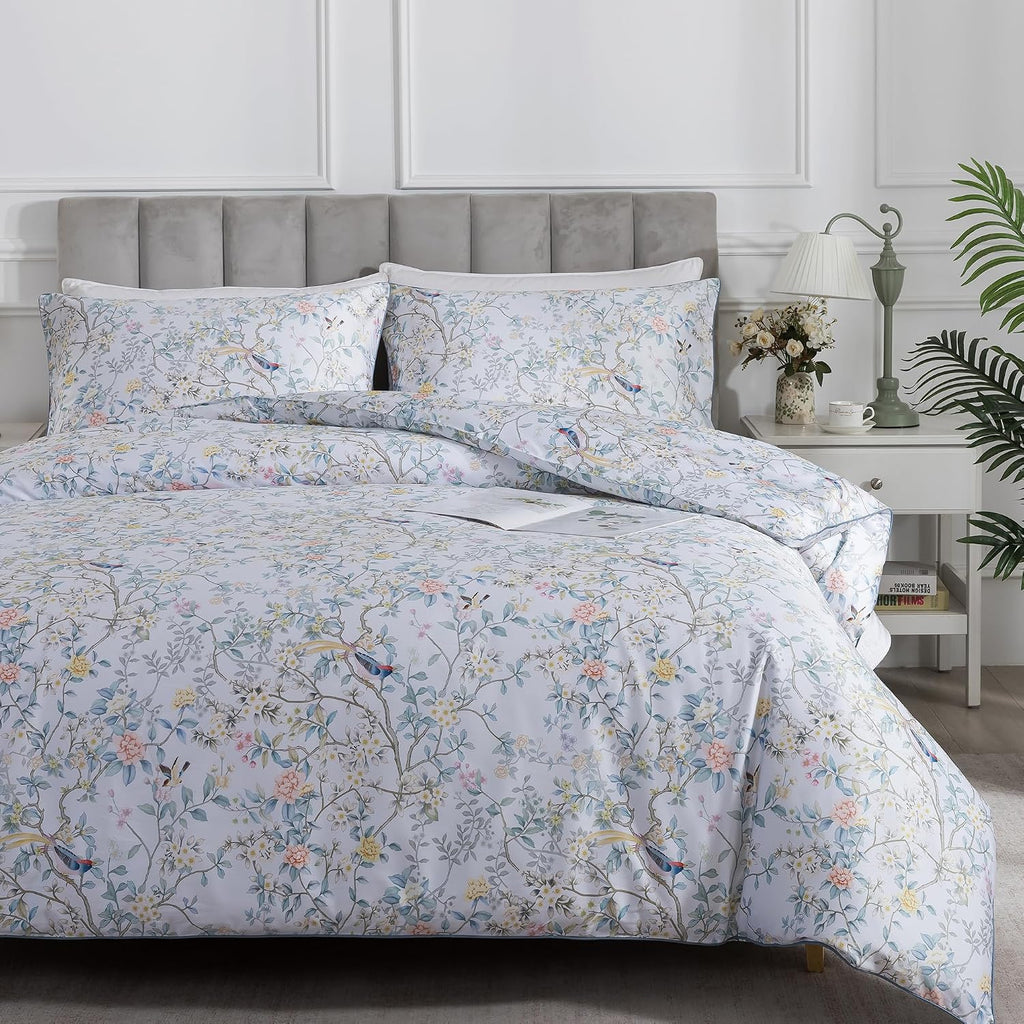 Vintage Botanical Rose Floral Bedding Set 3Pcs Queen Duvet Cover Set 100% Long Staple Cotton Soft Bird Branch Print