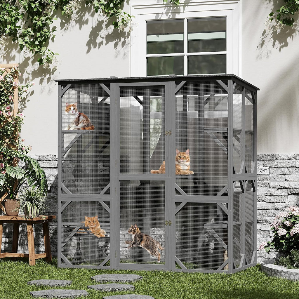 70 Inch Outdoor Catio Cat Enclosure, Walk-in Cat House with Window Access Door and Asphalt Roof, Cats Shelter with 4