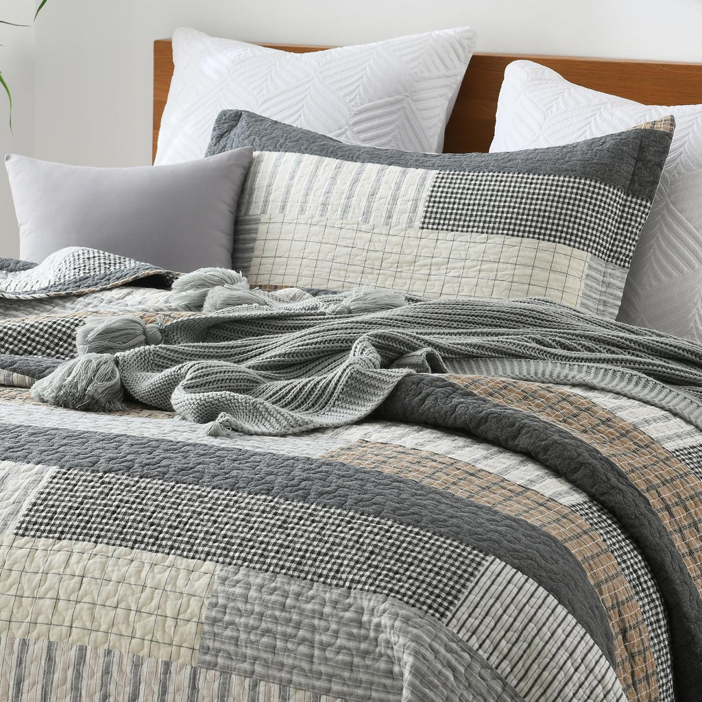 Gray Plaid Quilt Set - 100% Cotton Striped Plaid Patchwork Bedspread Coverlet Set, Lighweight Cozy Cottage