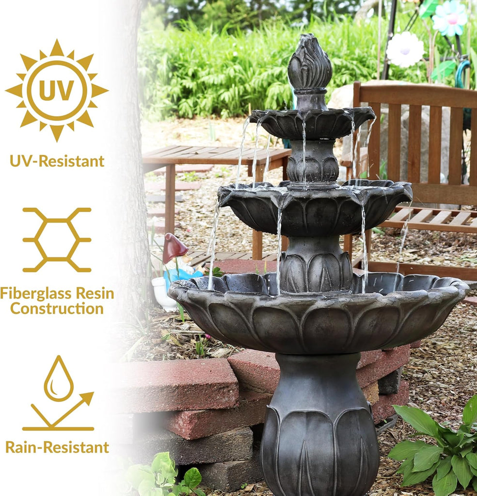 Classic Tulip 46" Tiered Outdoor Water Fountain - 3-Tiered Outdoor Fountain - Dark Brown